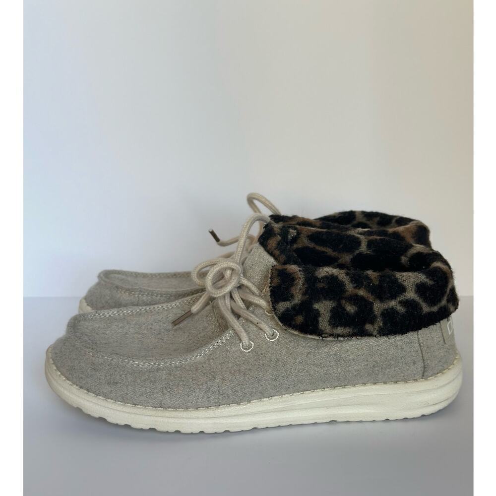 Hey Dude Women's Gray Moccasins with Leopard Print Cuff
